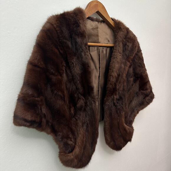 Vintage Brown Mink Fur Stole Capelet Shawl Wrap Union Label Satin Lined - Picture 3 of 16